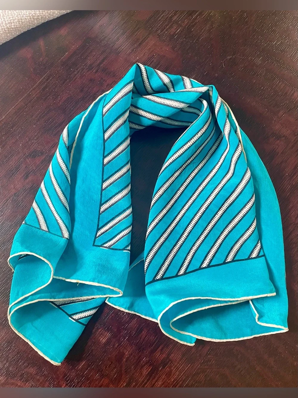 Vintage Square Silk Scarf Neckerchief Teal Blue Geometric Stripe Pattern
